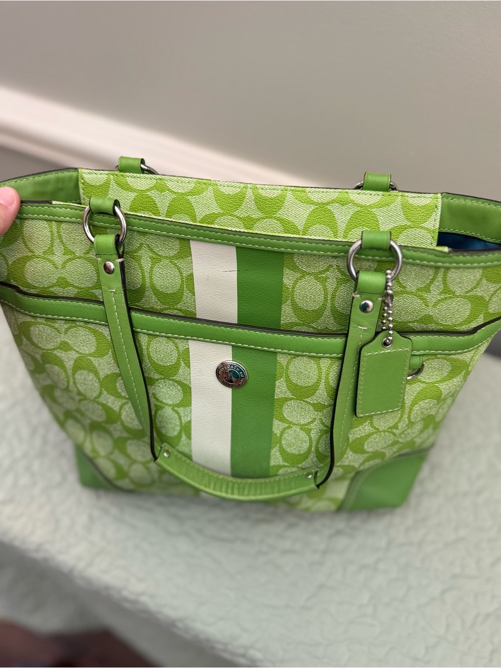 Coach Green Logo Stripe Tote with White Accent - Picture 10 of 11